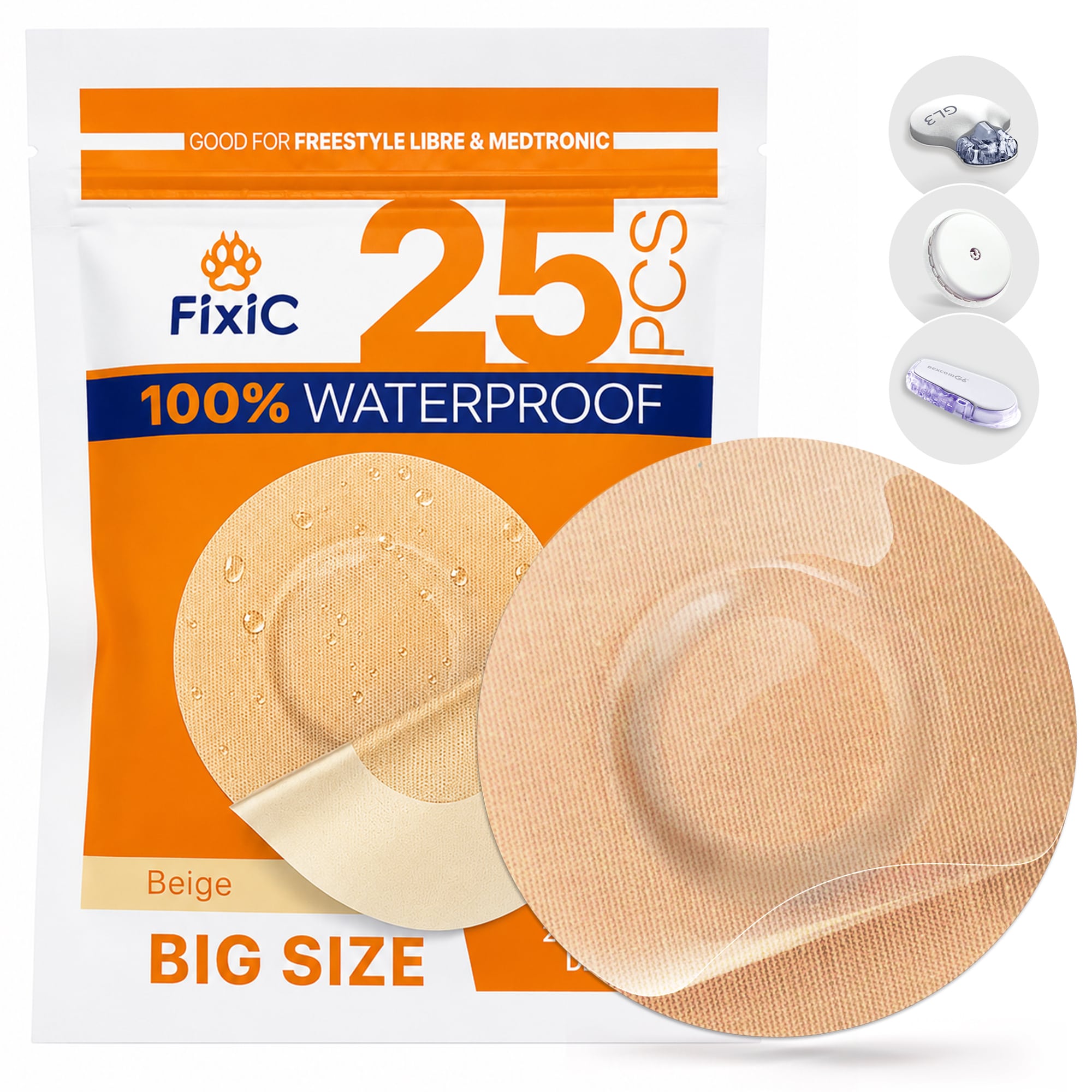 Parches protectores 100% a prueba de agua Grande (9cm diámetro) para Medtronic, Freestyle Libre y Dexcom One  - Fixic 25 parches