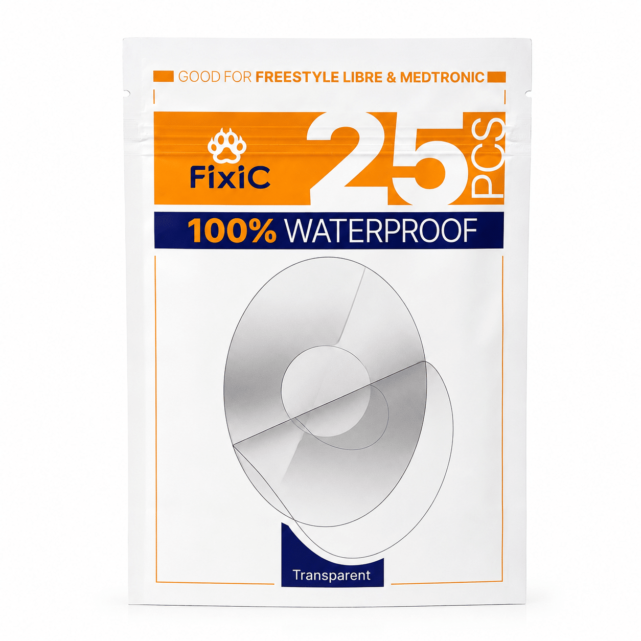 Parches Protectores 100% a prueba de agua Para Medtronic, Dexcom One, Medtrum Pump 200U - Oval  - Fixic  - 25 parches (Transparente)
