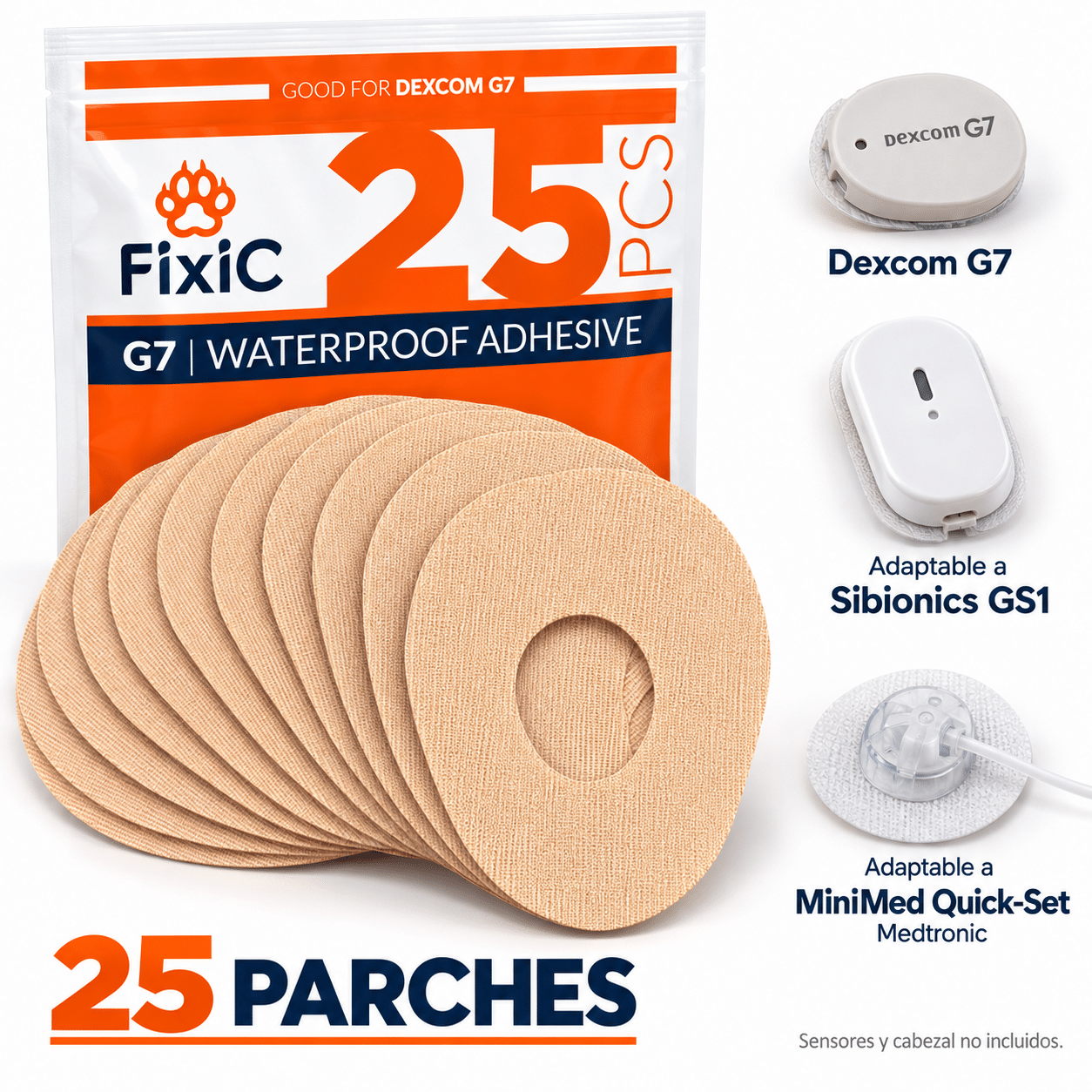 Parches adhesivos protectores para Dexcom G7 y Compatibles con Sibionics y Set MiniMed Medtronics  - Fixic 25 parches